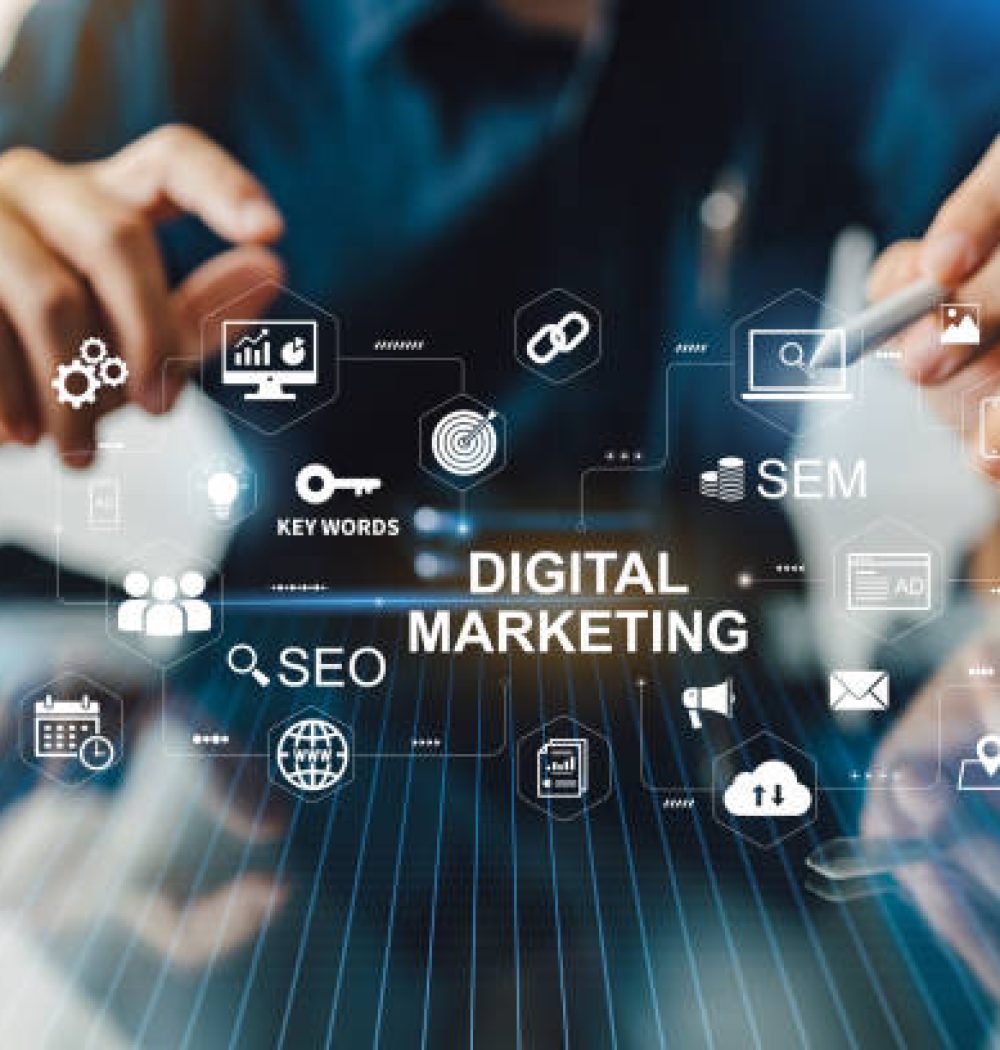 Digital marketing business technology concept. Website advertisement email social media network, SEO, SEM video and mobile application icons in virtual screen.