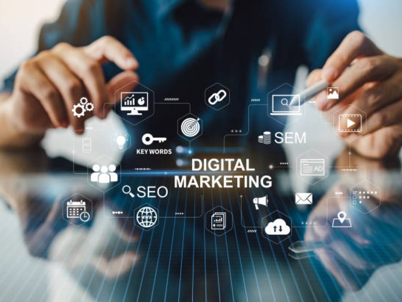 Digital marketing business technology concept. Website advertisement email social media network, SEO, SEM video and mobile application icons in virtual screen.